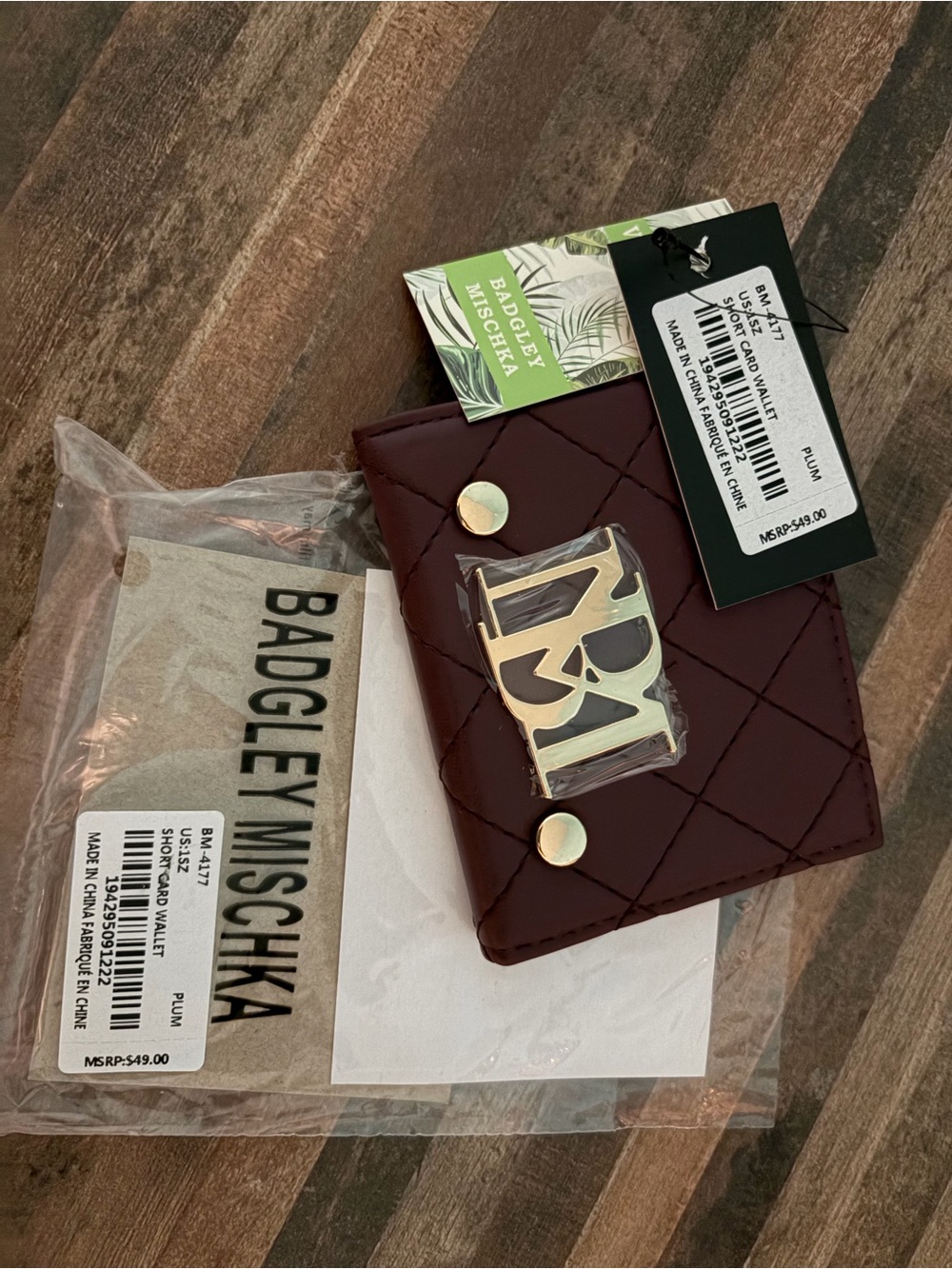 Badgley Mischka Quilted Plum Card & Key Holder with Gold Logo NWOT